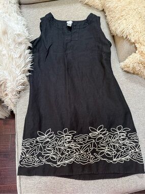 Black Sleeveless Linen Dress with White Floral Embroidery